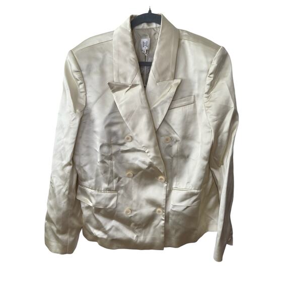 Helsa Heavy Satin Double Breasted Blazer Jacket Career Shoulder Pads Bone M - Picture 3 of 11